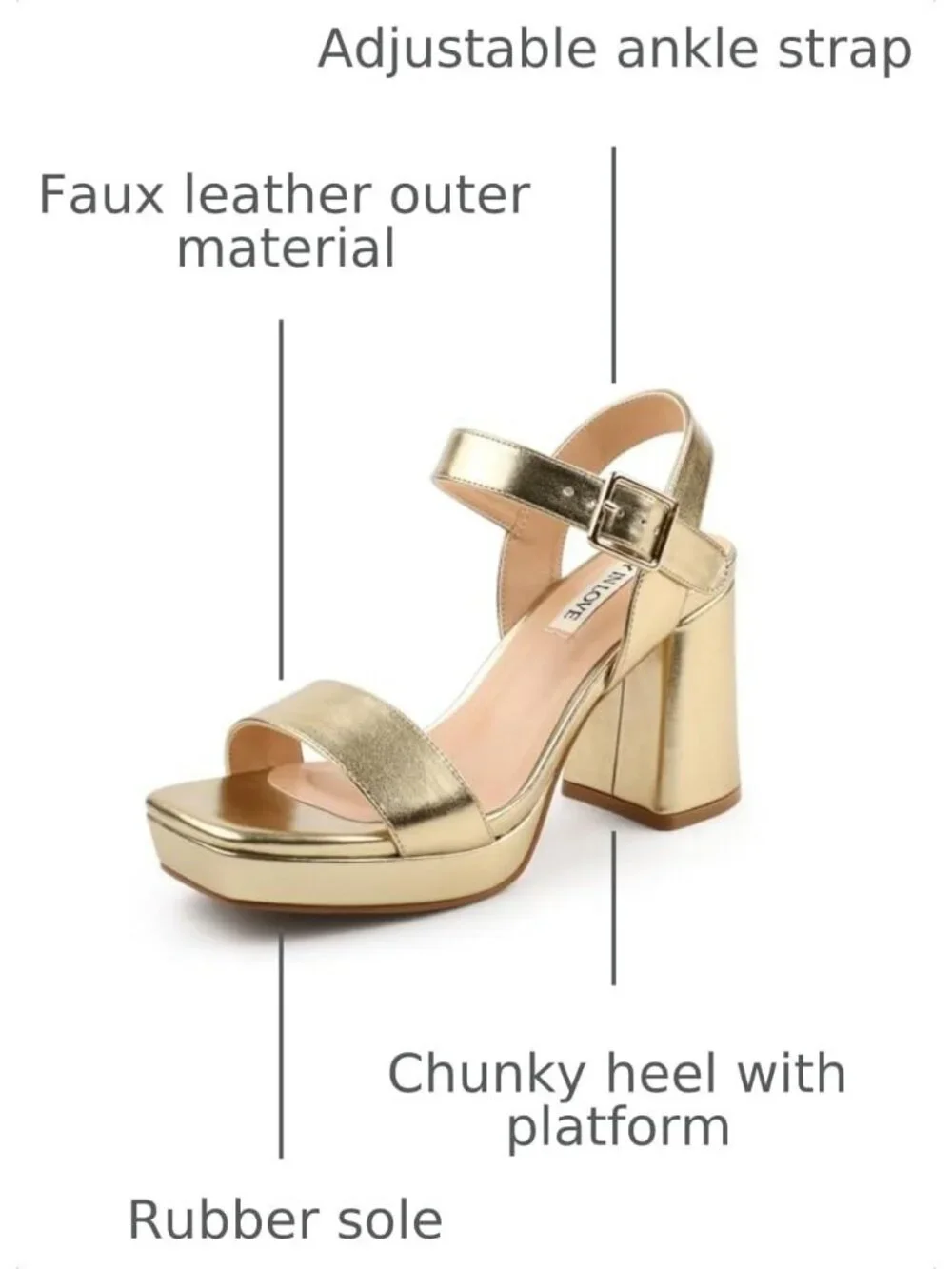 Women's Gold Square Open Toe Adjustable Ankle Strap Chunky Block Heel Sandals